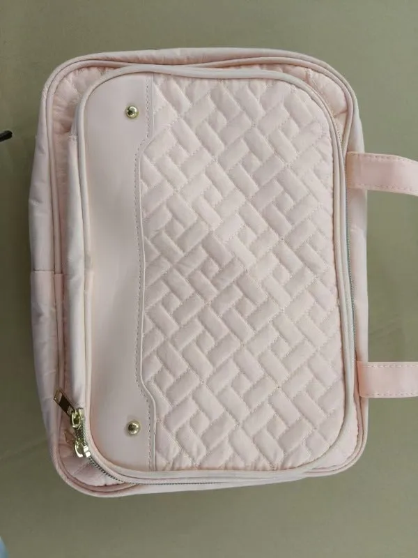 Black hanging waterproof cosmetic bag with clear compartments for toiletries