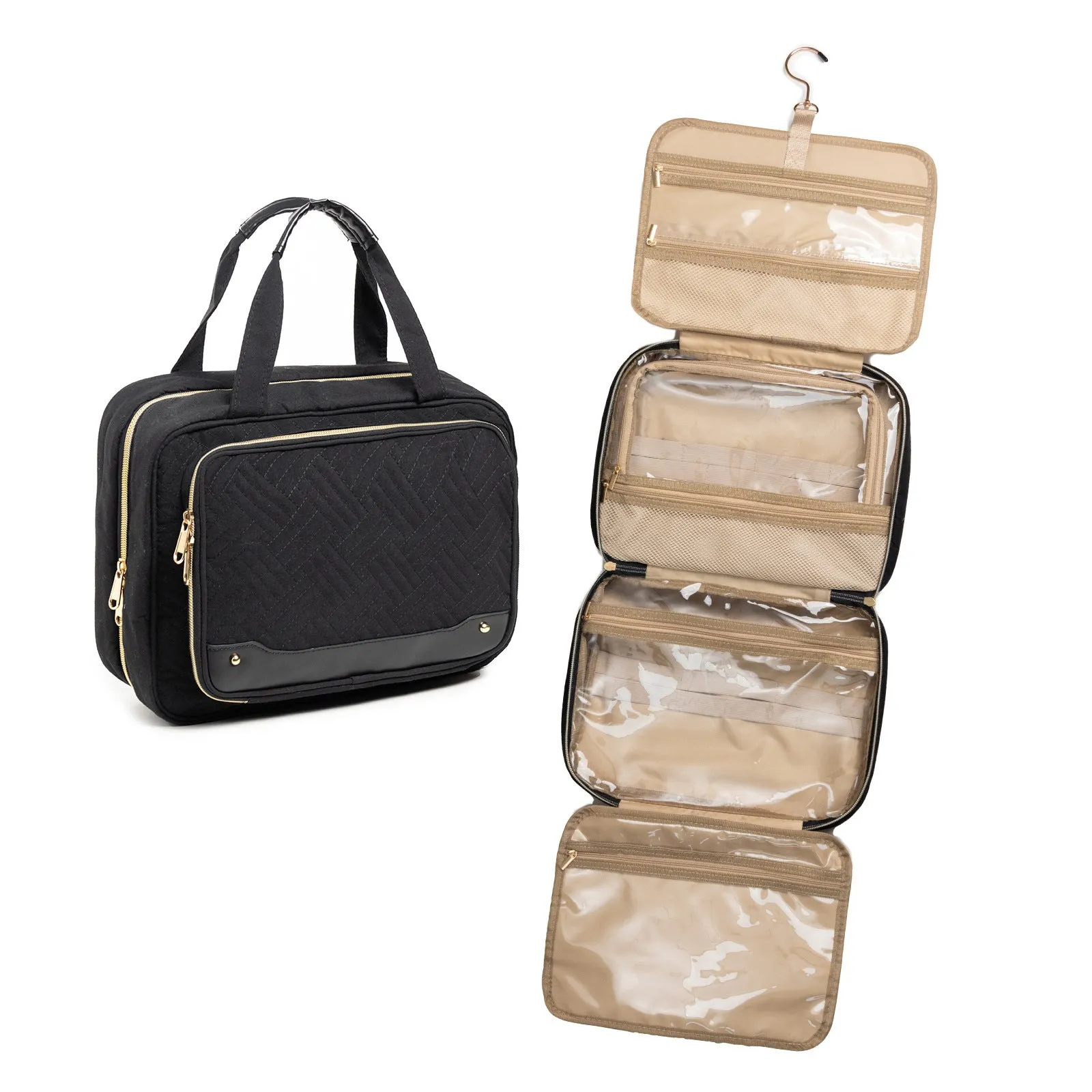 Black hanging waterproof cosmetic bag with clear compartments for toiletries
