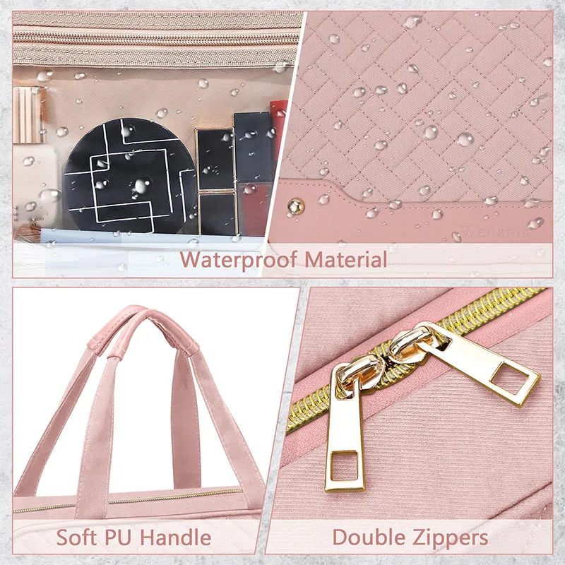 Black hanging waterproof cosmetic bag with clear compartments for toiletries