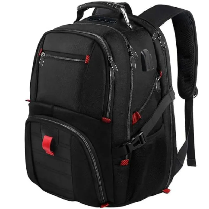 Large black USB backpack with curved shoulder straps, showing front compartment and charging port.