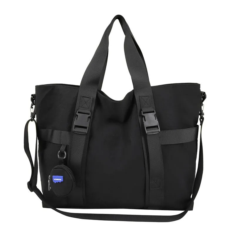 Grey Oxford cloth men's travel shoulder bag showing main compartment and detachable coin purse.