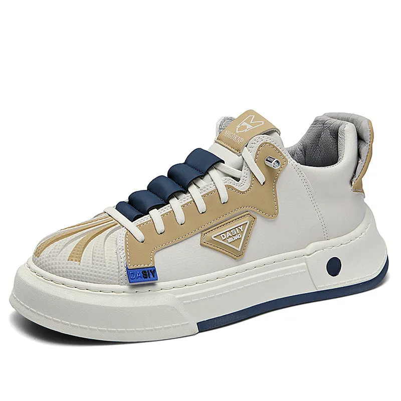 Men's beige low-top sneakers with elastic band fastening and round toe