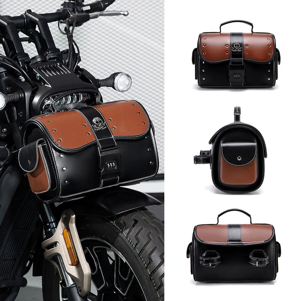 PU leather motorcycle front bag with patchwork design, model FBG397BK