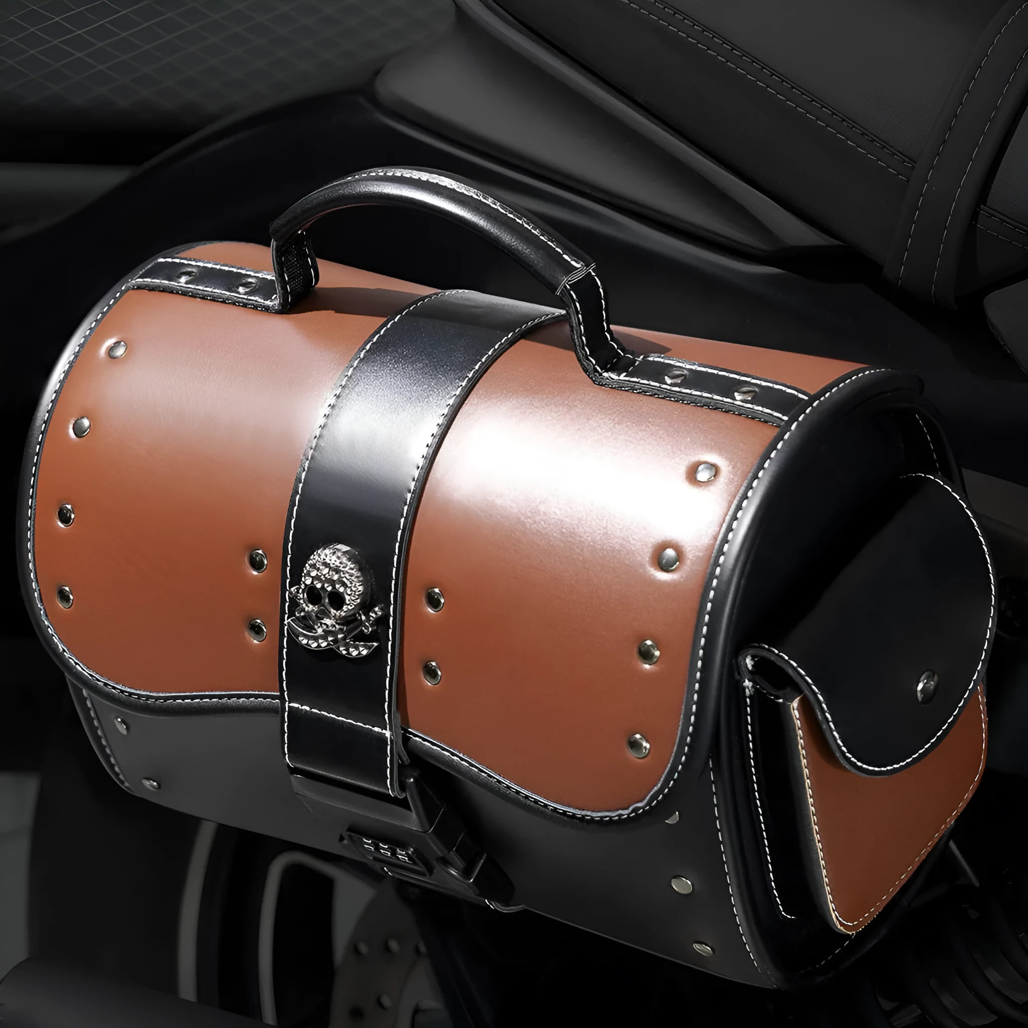 PU leather motorcycle front bag with patchwork design, model FBG397BK