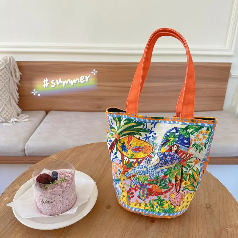 Dream Garden orange plush bucket bag with printed design, canvas lining, and double shoulder straps