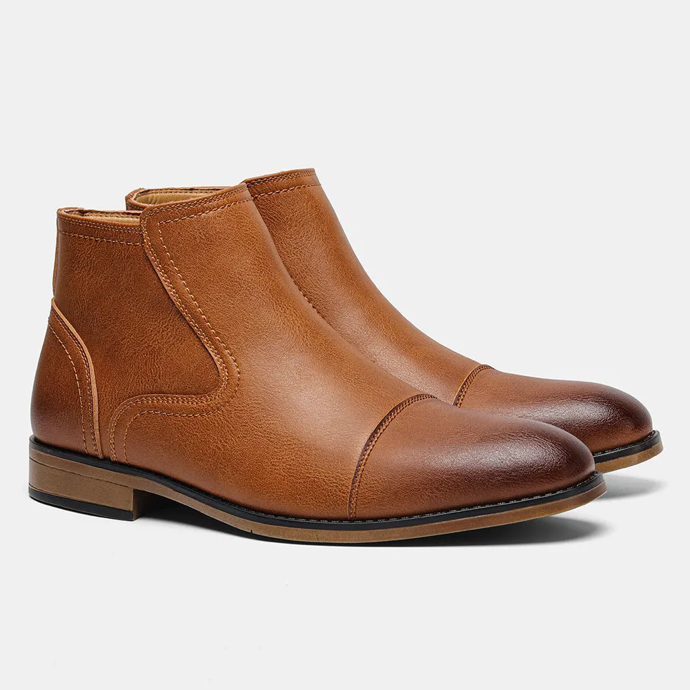 Men's brown side-zip Chelsea boot with round toe and low wooden sole on a white background.