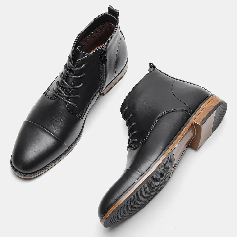 Men's brown side-zip Chelsea boot with round toe and low wooden sole on a white background.