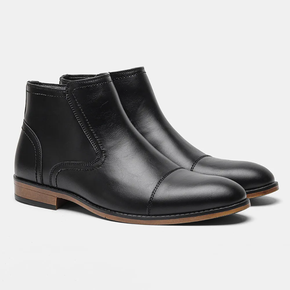 Men's brown side-zip Chelsea boot with round toe and low wooden sole on a white background.
