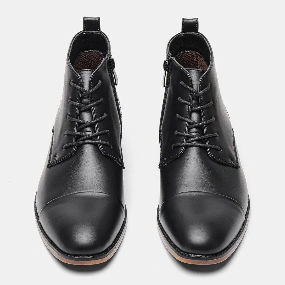 Men's brown side-zip Chelsea boot with round toe and low wooden sole on a white background.