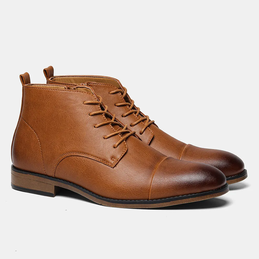 Men's brown side-zip Chelsea boot with round toe and low wooden sole on a white background.