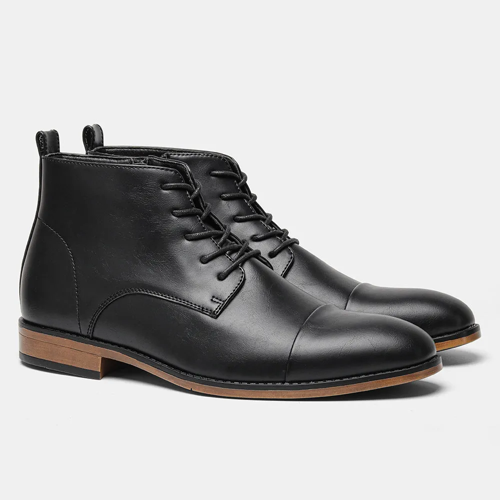 Men's brown side-zip Chelsea boot with round toe and low wooden sole on a white background.