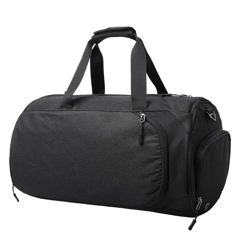 Oval-shaped medium travel bag in light grey with multiple internal compartments for wet-dry separation and organisation.