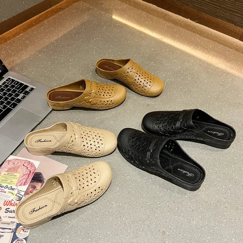 Women's apricot PVC half slippers with flat toe box and hollow out fairy style design.