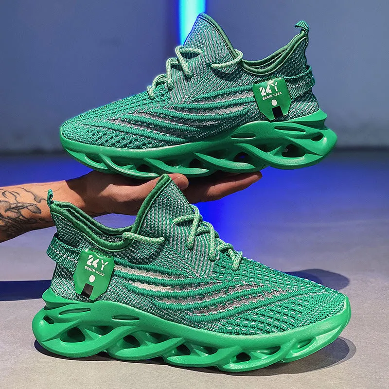 Men's blue Flyknit sneakers with mesh upper, foam platform sole, and round toe on a light background.