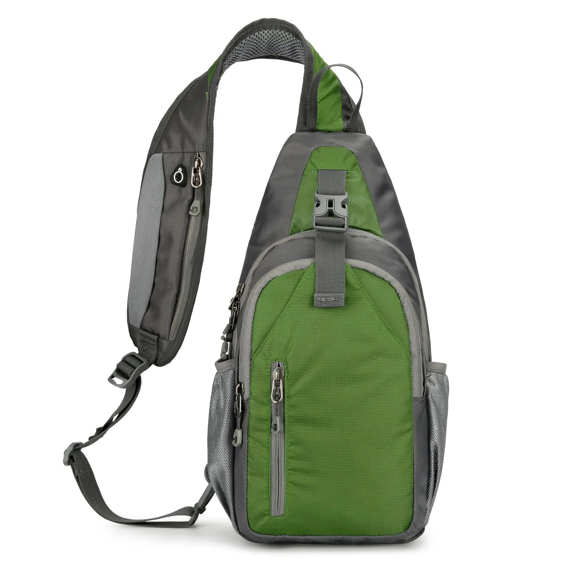 Nylon canvas crossbody chest bag in army green colour with contrast details for outdoor leisure use.