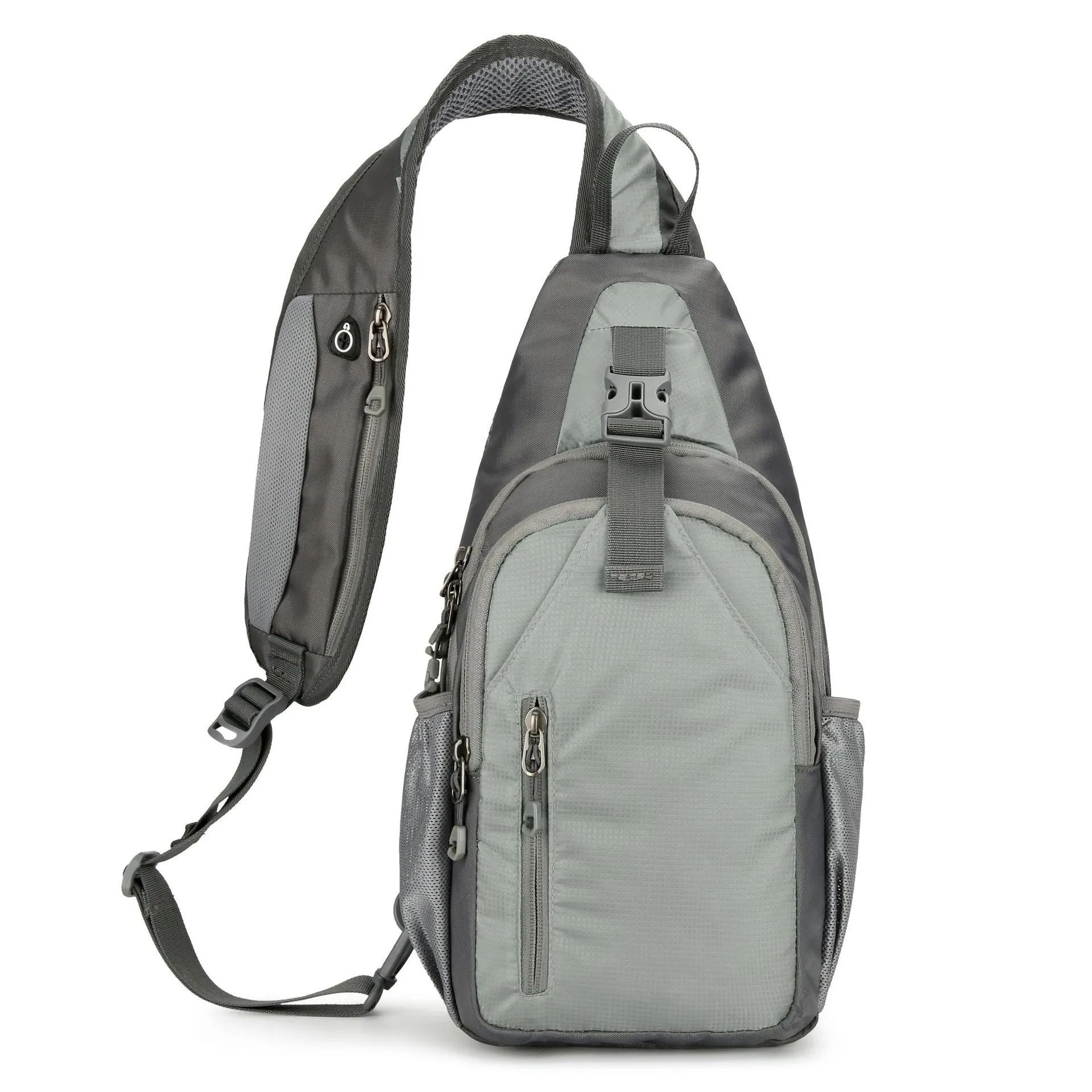 Nylon canvas crossbody chest bag in army green colour with contrast details for outdoor leisure use.