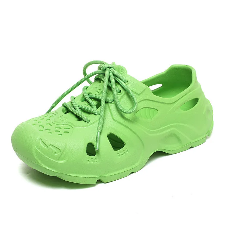 Unisex high elastic EVA sandals with thick sole in fluorescent green, orange red, and rose red.