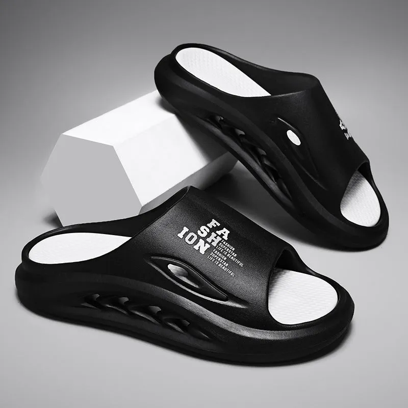 Men's white and green colour block EVA slippers with a thick, textured sole.