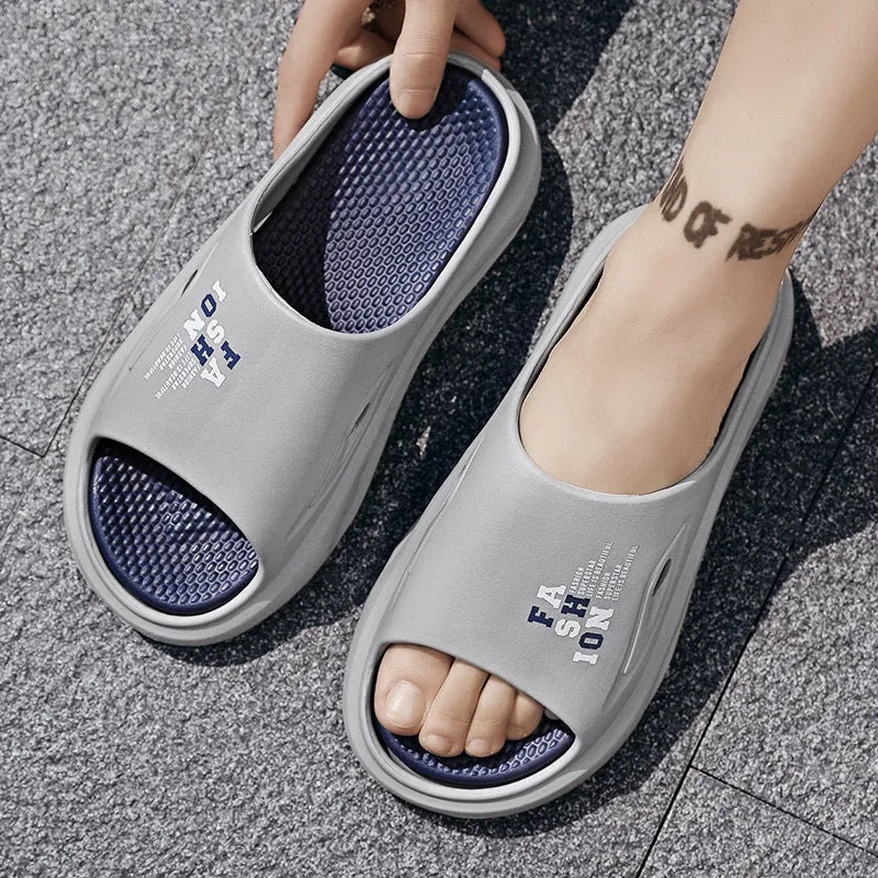 Men's white and green colour block EVA slippers with a thick, textured sole.