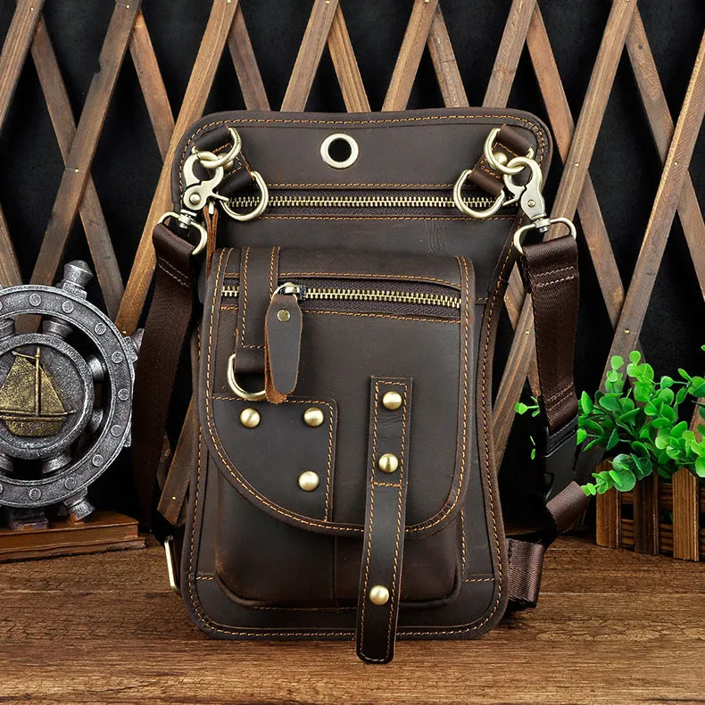 Men's black genuine leather punk style fanny pack with zipper and phone compartment