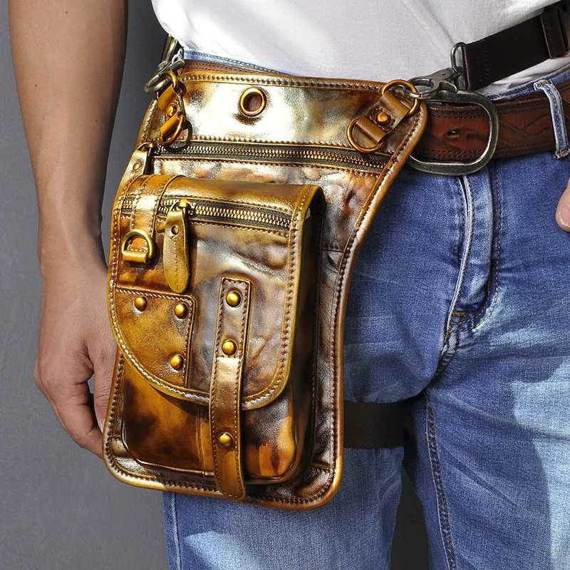 Men's black genuine leather punk style fanny pack with zipper and phone compartment