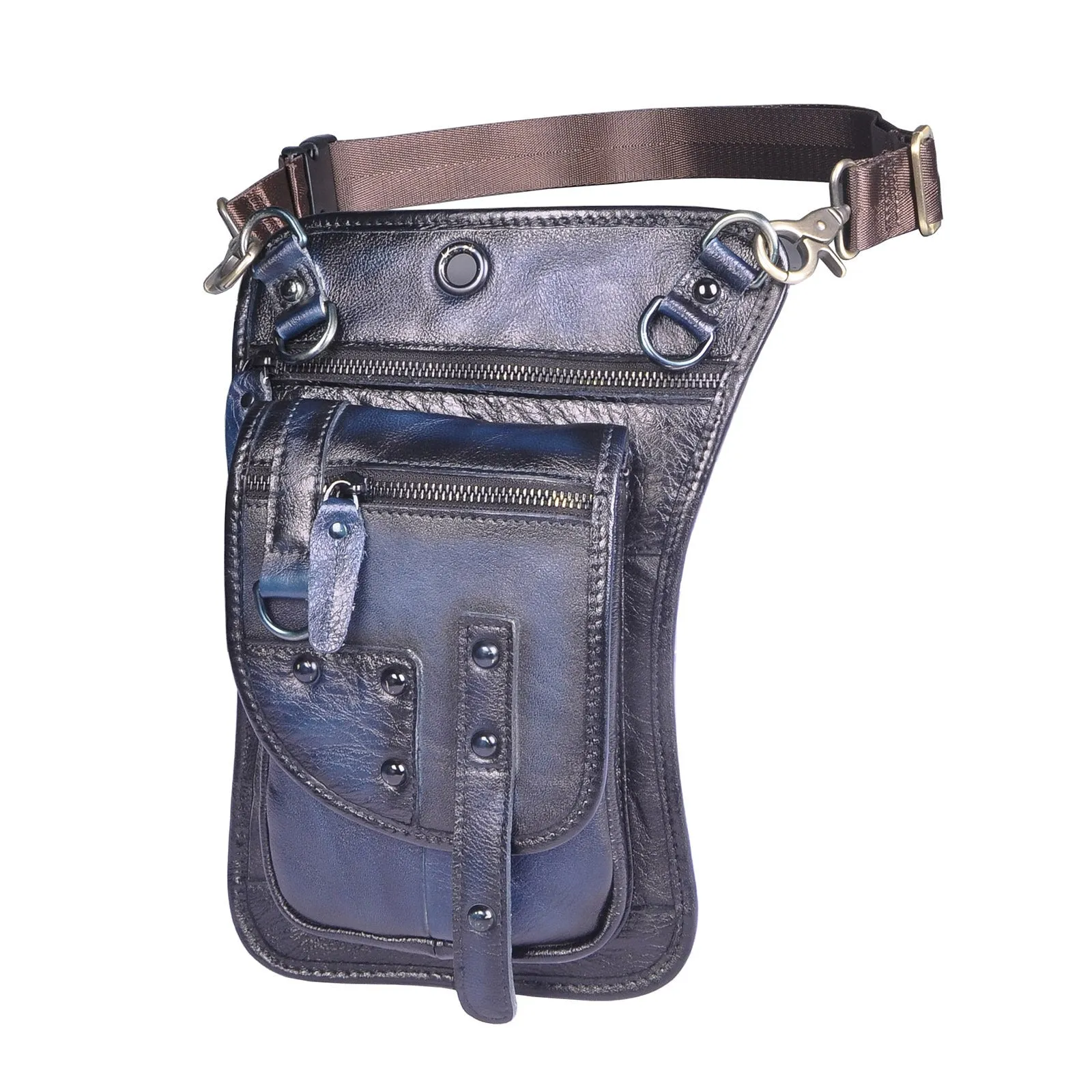 Men's black genuine leather punk style fanny pack with zipper and phone compartment