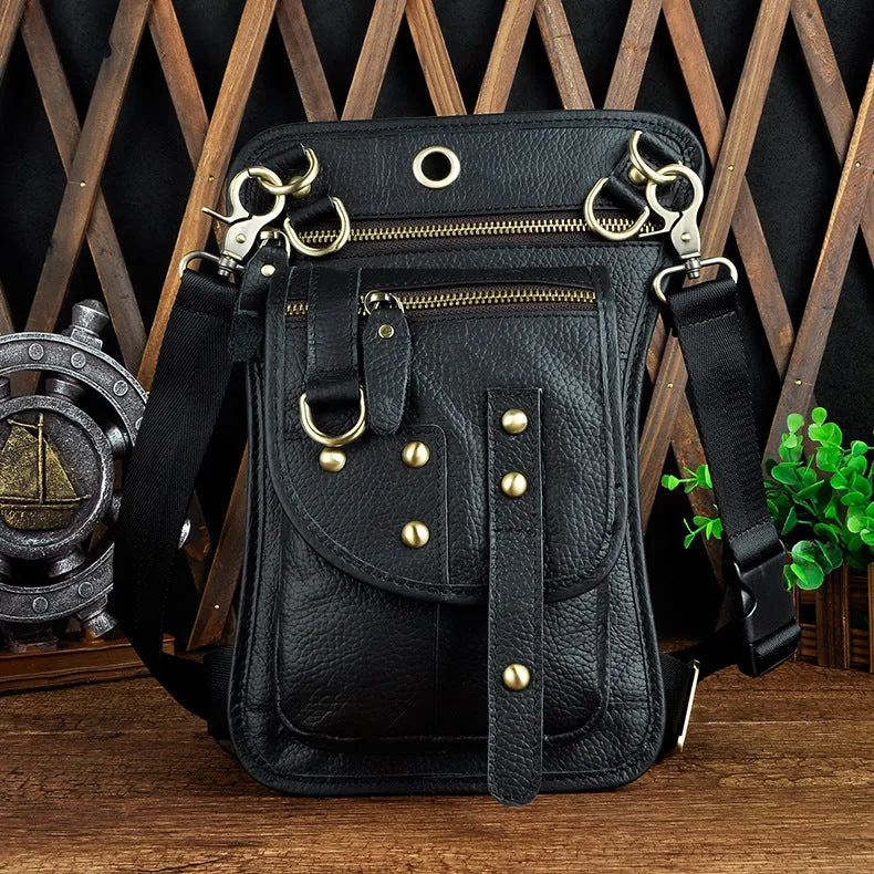 Men's black genuine leather punk style fanny pack with zipper and phone compartment