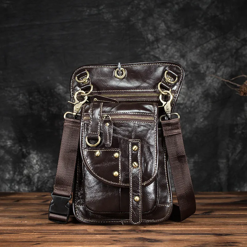 Men's black genuine leather punk style fanny pack with zipper and phone compartment