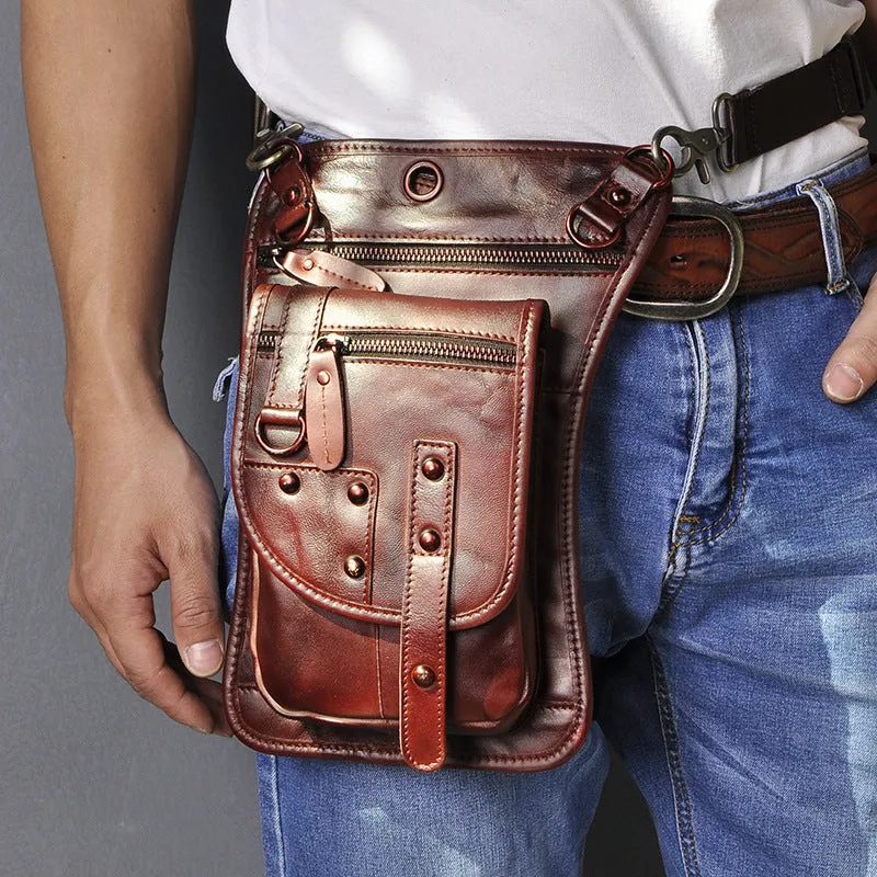 Men's black genuine leather punk style fanny pack with zipper and phone compartment