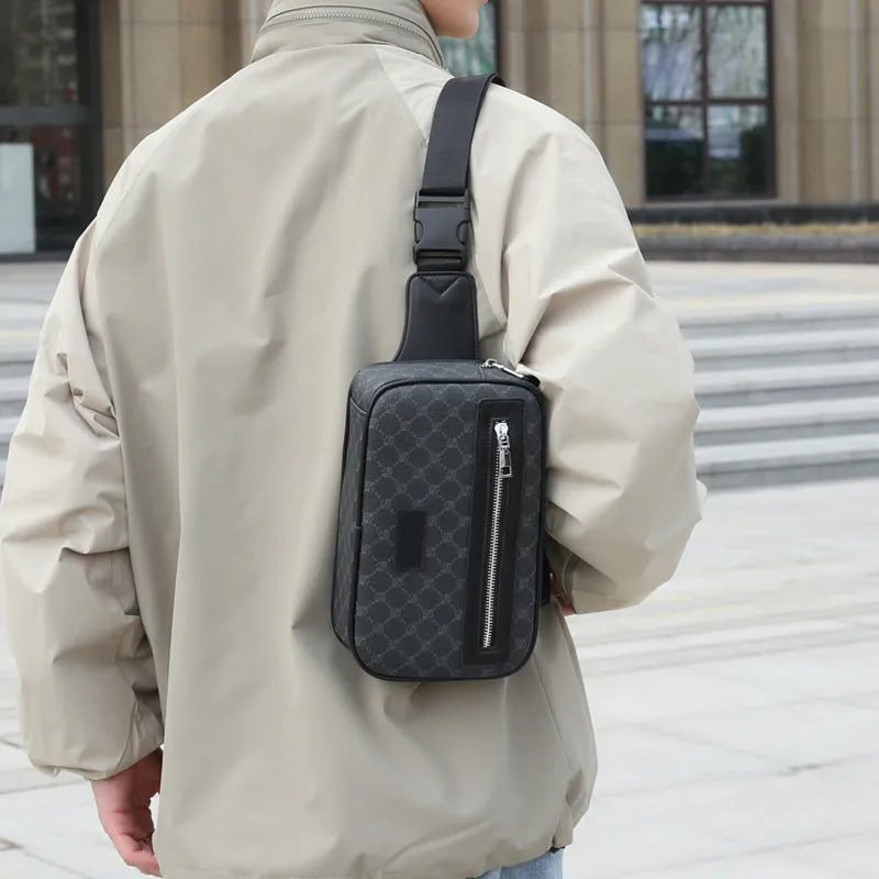 Men's black PU crossbody shoulder bag with chest-printed design and visible sewing lines
