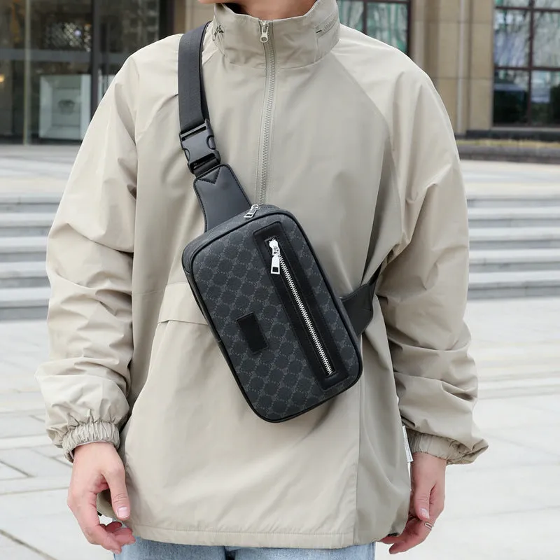 Men's black PU crossbody shoulder bag with chest-printed design and visible sewing lines
