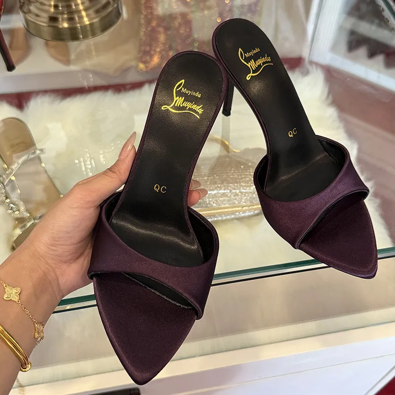 Women's black patent leather stiletto sandals with 8cm heel and pointed toe