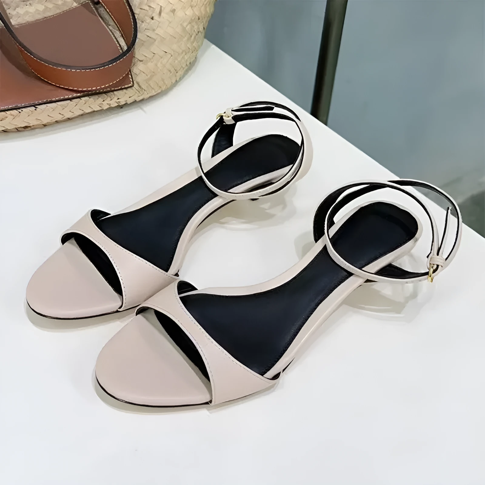 Women's retro French-style leather sandals with open toe and kitten heel in multiple colours