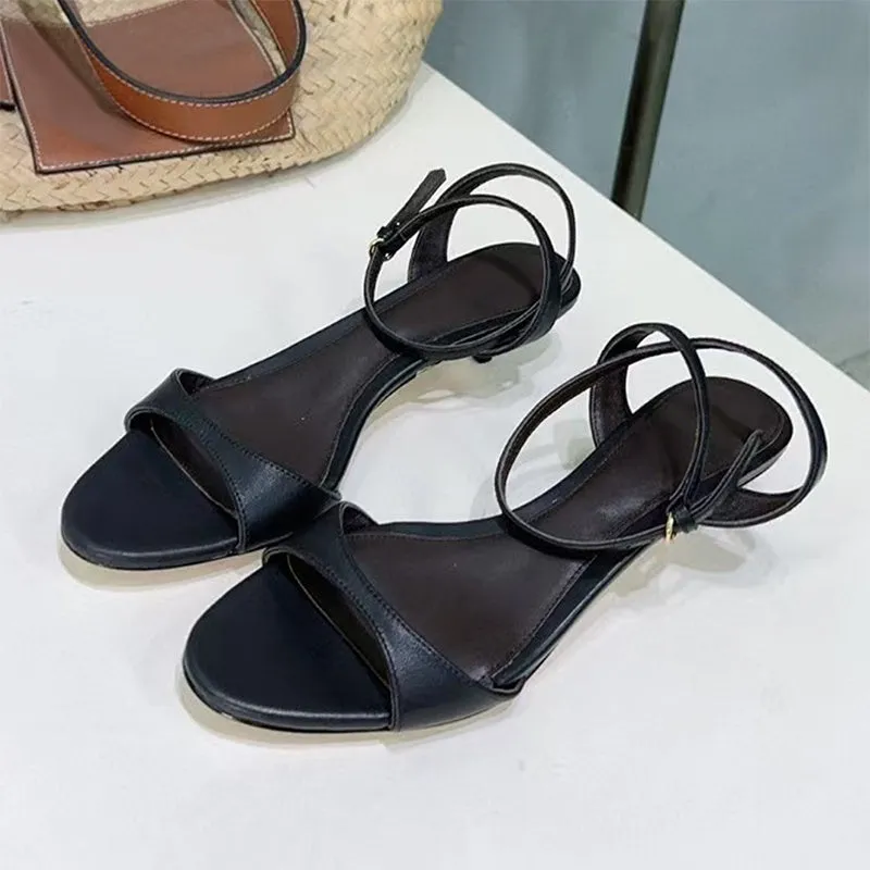 Women's retro French-style leather sandals with open toe and kitten heel in multiple colours