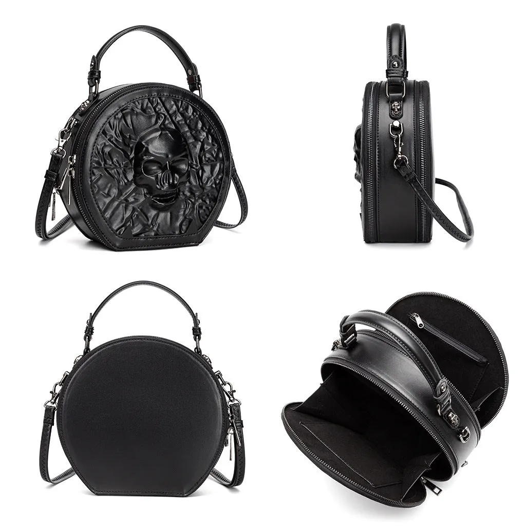 Men's black embossed Halloween messenger bag with a 3D pocket and crossbody strap.