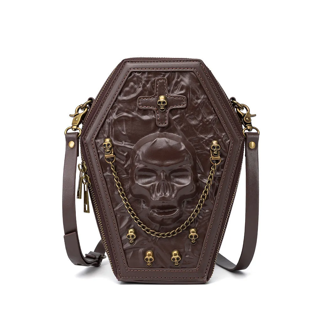 Men's black embossed Halloween messenger bag with a 3D pocket and crossbody strap.