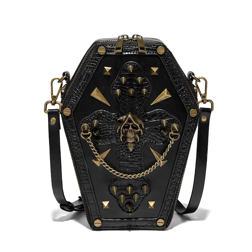 Men's black embossed Halloween messenger bag with a 3D pocket and crossbody strap.