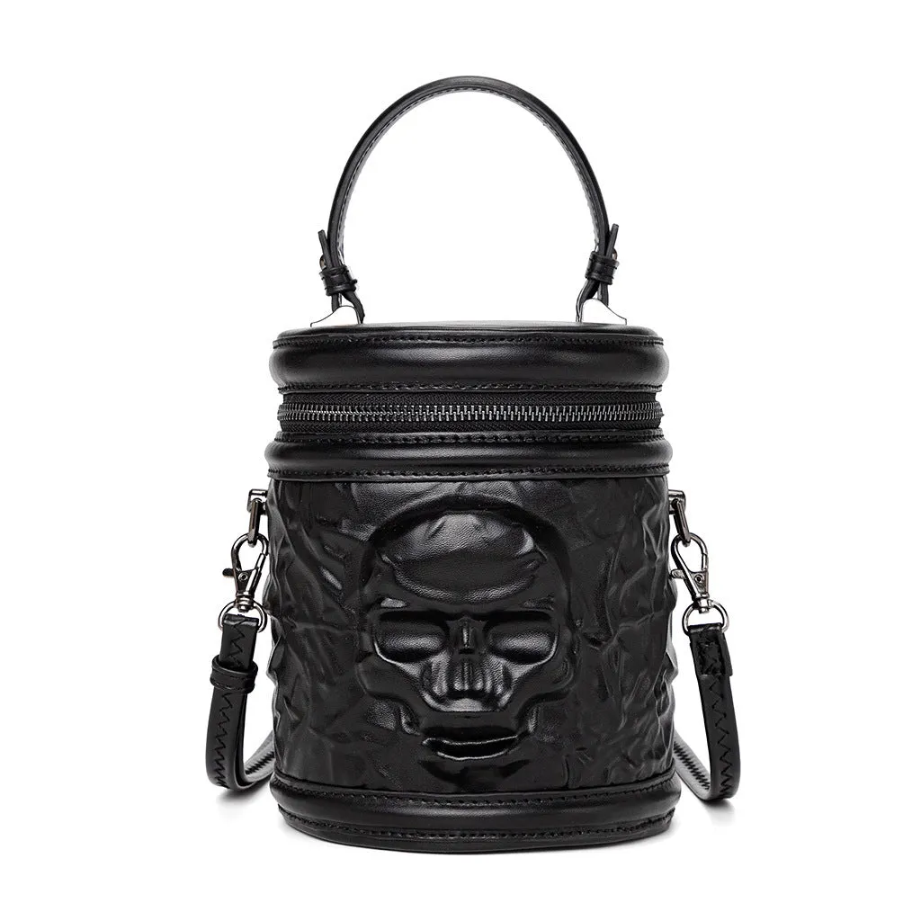 Men's black embossed Halloween messenger bag with a 3D pocket and crossbody strap.