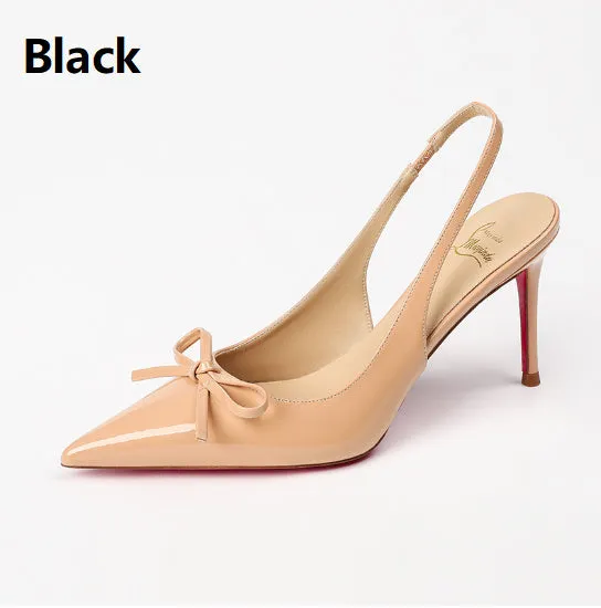 Women's wine red patent leather pointed-toe high heels with 8cm heel on a rubber sole.