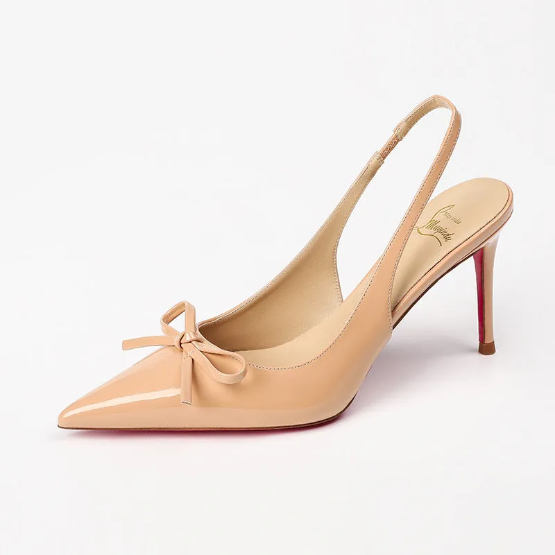 Women's wine red patent leather pointed-toe high heels with 8cm heel on a rubber sole.
