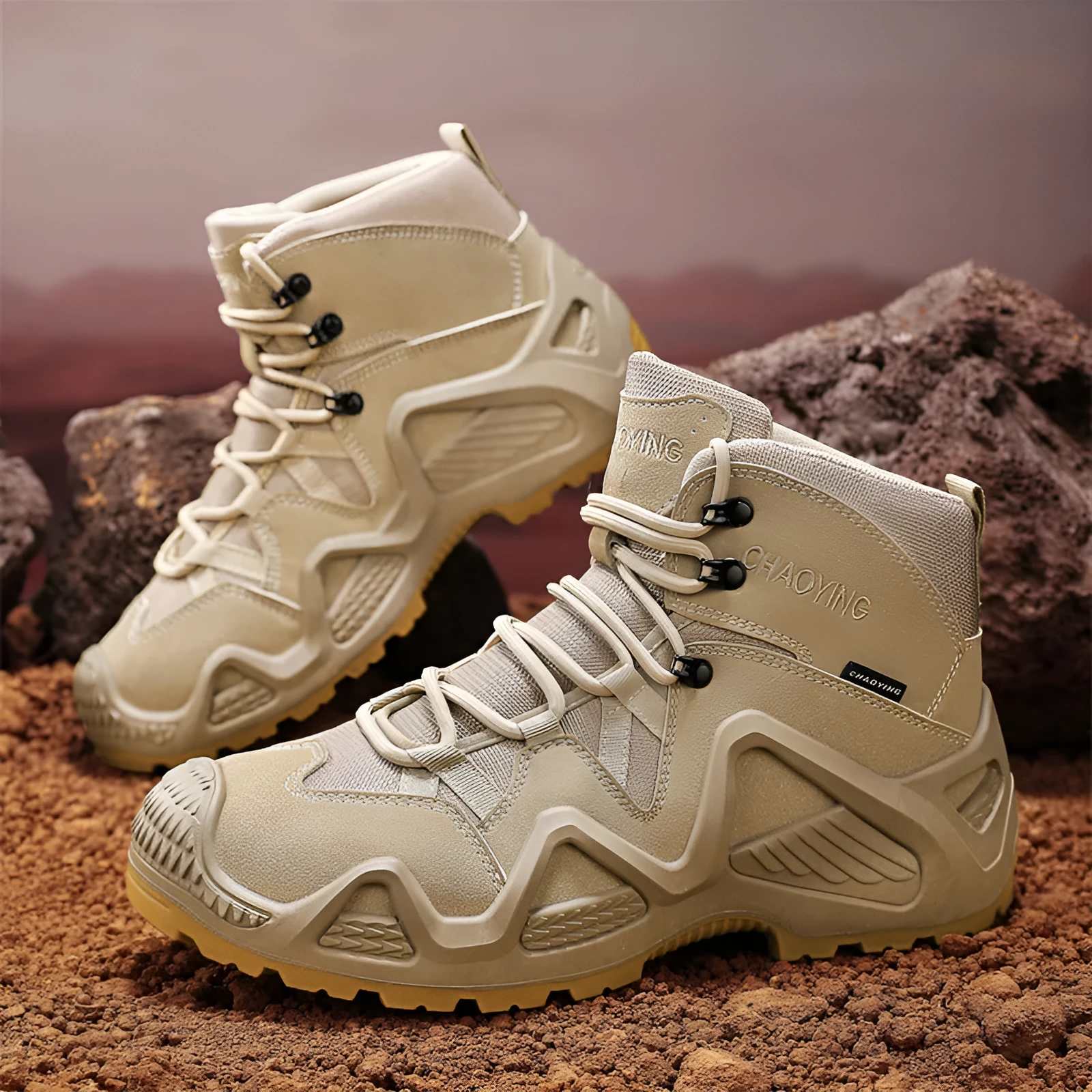 Black canvas high-top tactical boot with rubber sole and cross strap detail on a white background.