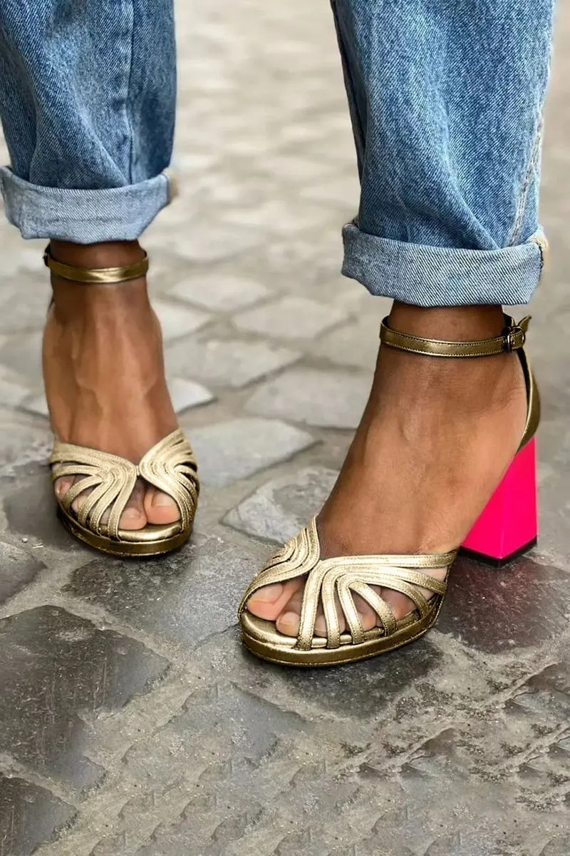 Women's peep toe buckle sandals with high heel and herringbone toe detail in red colour options
