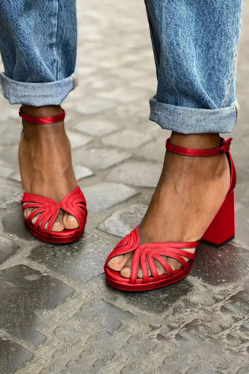 Women's peep toe buckle sandals with high heel and herringbone toe detail in red colour options