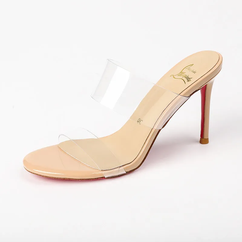 Women's transparent ankle strap stiletto sandals with 8cm heel in black and apricot colour options