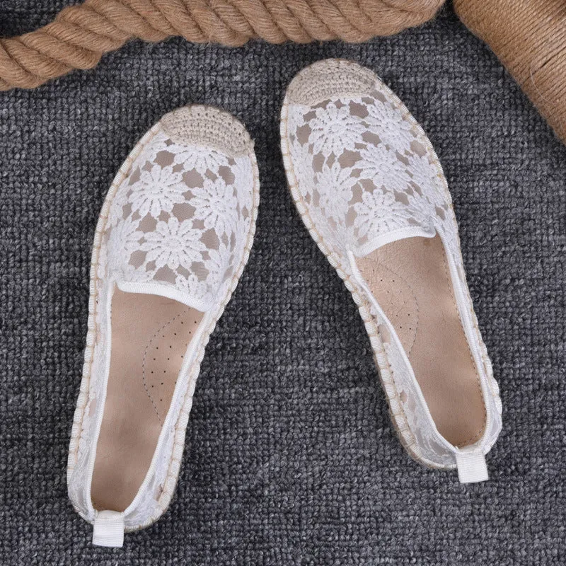 Women's flat-heel linen fisherman shoes in pansy white with sewing thread detail and round toe.