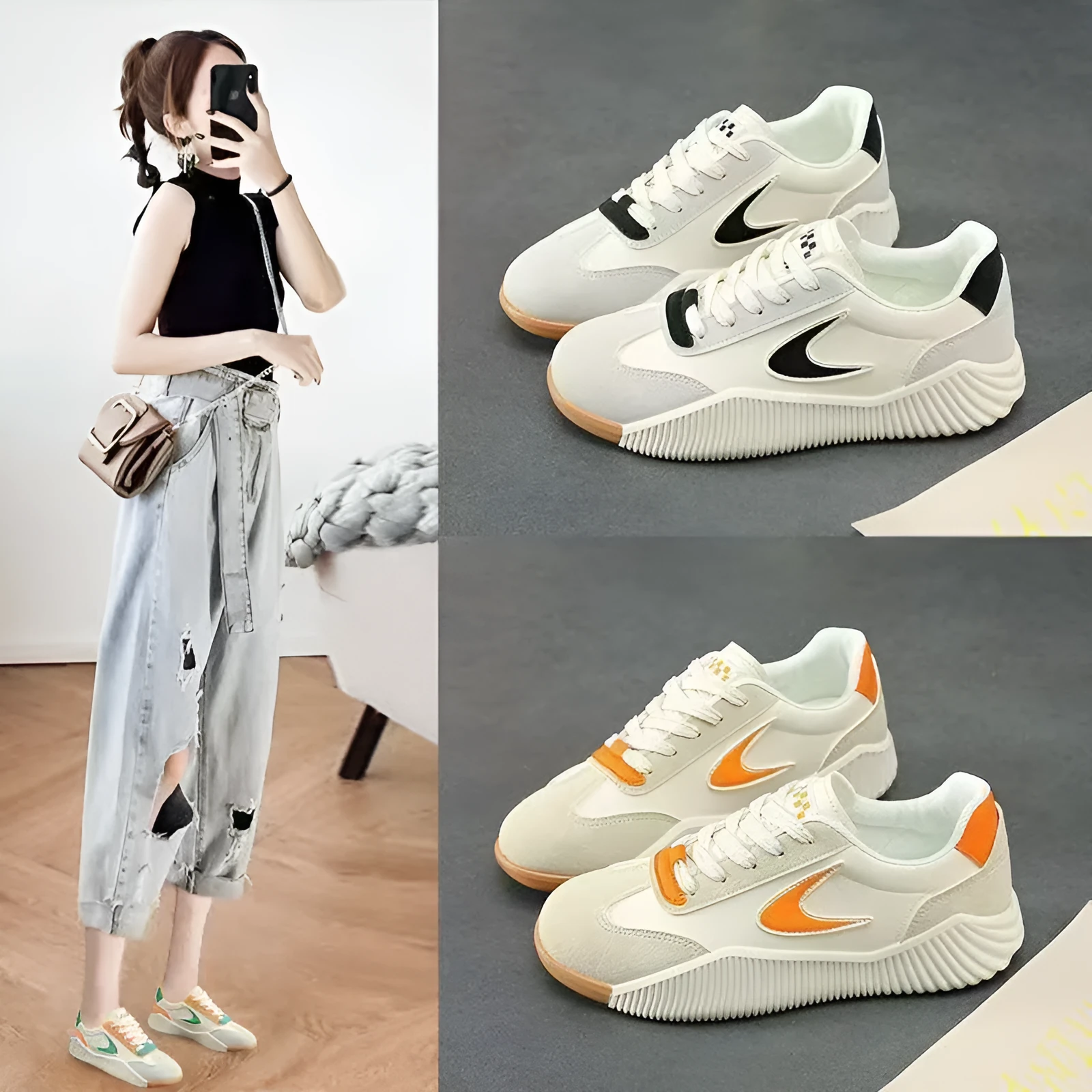 Low-top casual sneaker in beige orange with round toe and flat rubber sole.