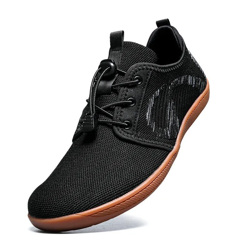 Men's black wide toe casual shoes with a round head and flat cloth upper.