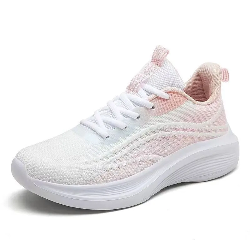 Women's low-top mesh running shoes in light pink with a round toe and front lace-up closure.