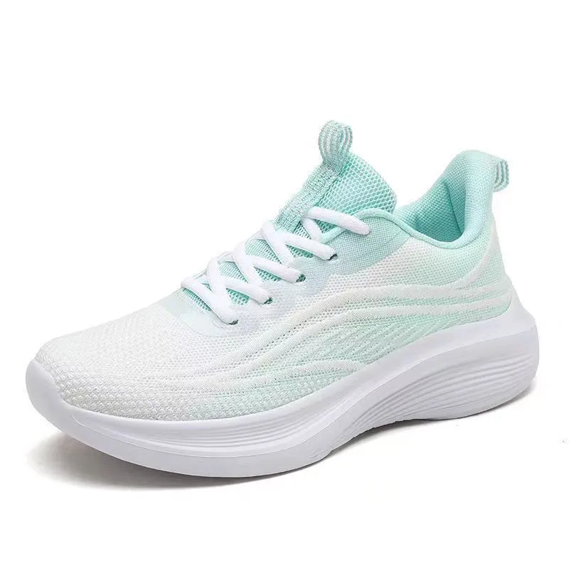 Women's low-top mesh running shoes in light pink with a round toe and front lace-up closure.