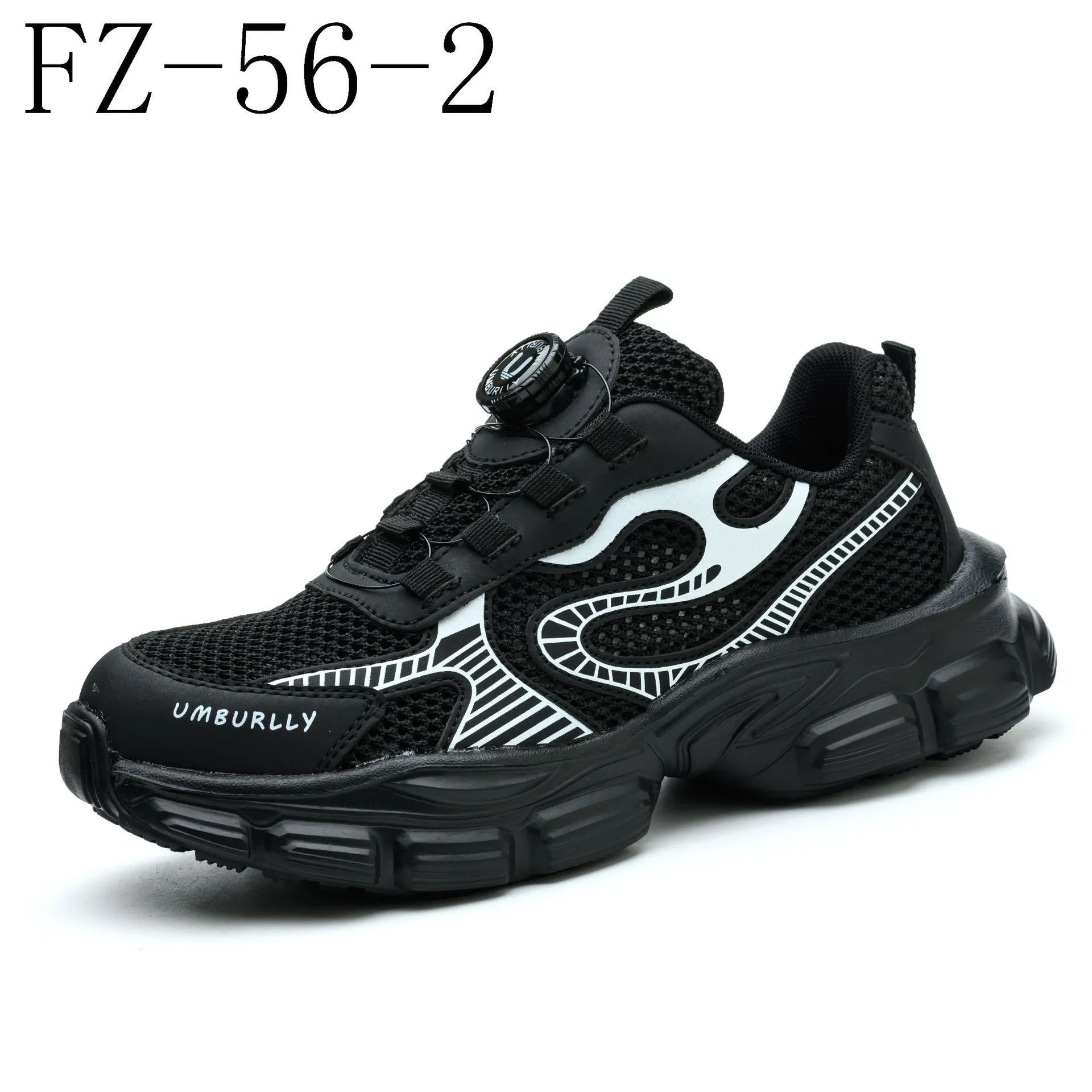 Women's black safety work shoes with fly woven mesh upper, steel toe cap, and lace-up design on a grey background.
